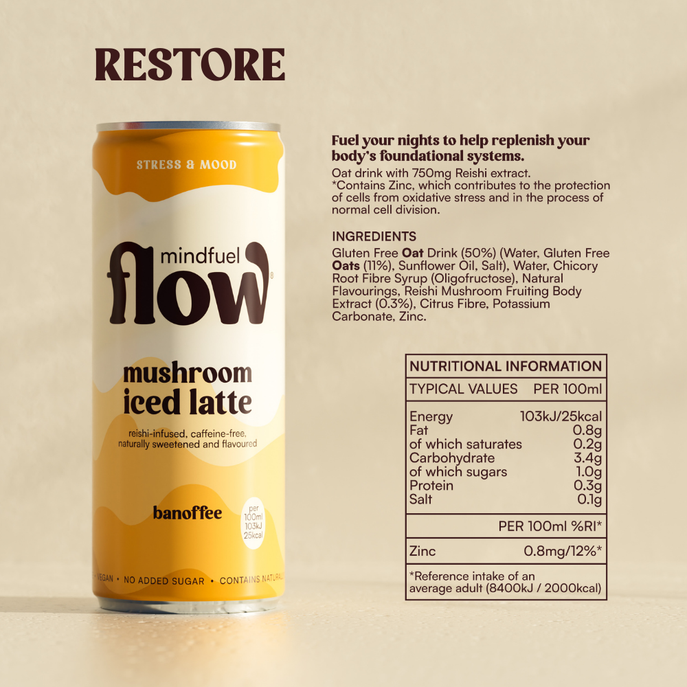 MINDFUEL FLOW Lion's Mane and Reishi oat latte functional drinks in a mixed pack, showing the colorful bottles and label design.