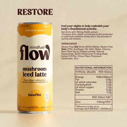 MINDFUEL FLOW Lion's Mane and Reishi oat latte functional drinks in a mixed pack, showing the colorful bottles and label design.