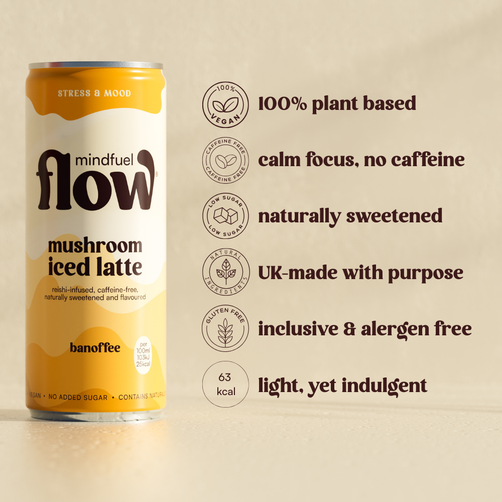 Reishi oat latte with banoffee flavor in a clear glass, showcasing the creamy drink with a frothy top from MINDFUEL FLOW.