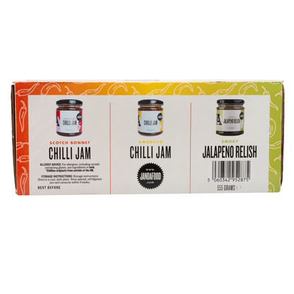 Back view of J&A Gift Box containing Scotch bonnet, Amarillo and Smoky Jalapeno jams on a white background