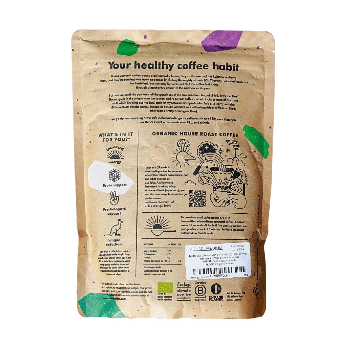 Back of Exhale Healthy Coffee Organic House Roast Coffee pack showing branding and product details.