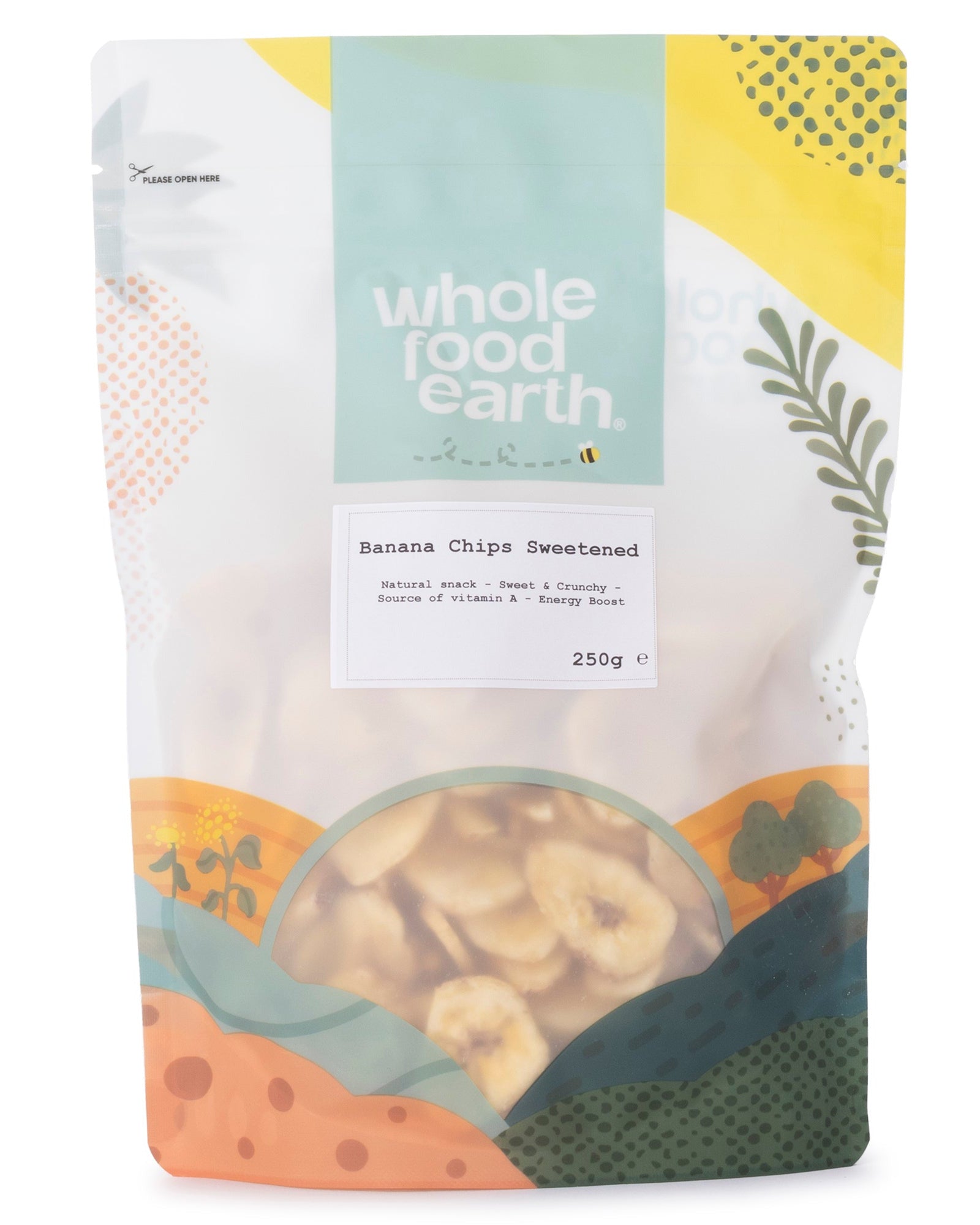 Sweetened banana chips from Whole Food Earth, showing golden dried banana slices in a 250g package.