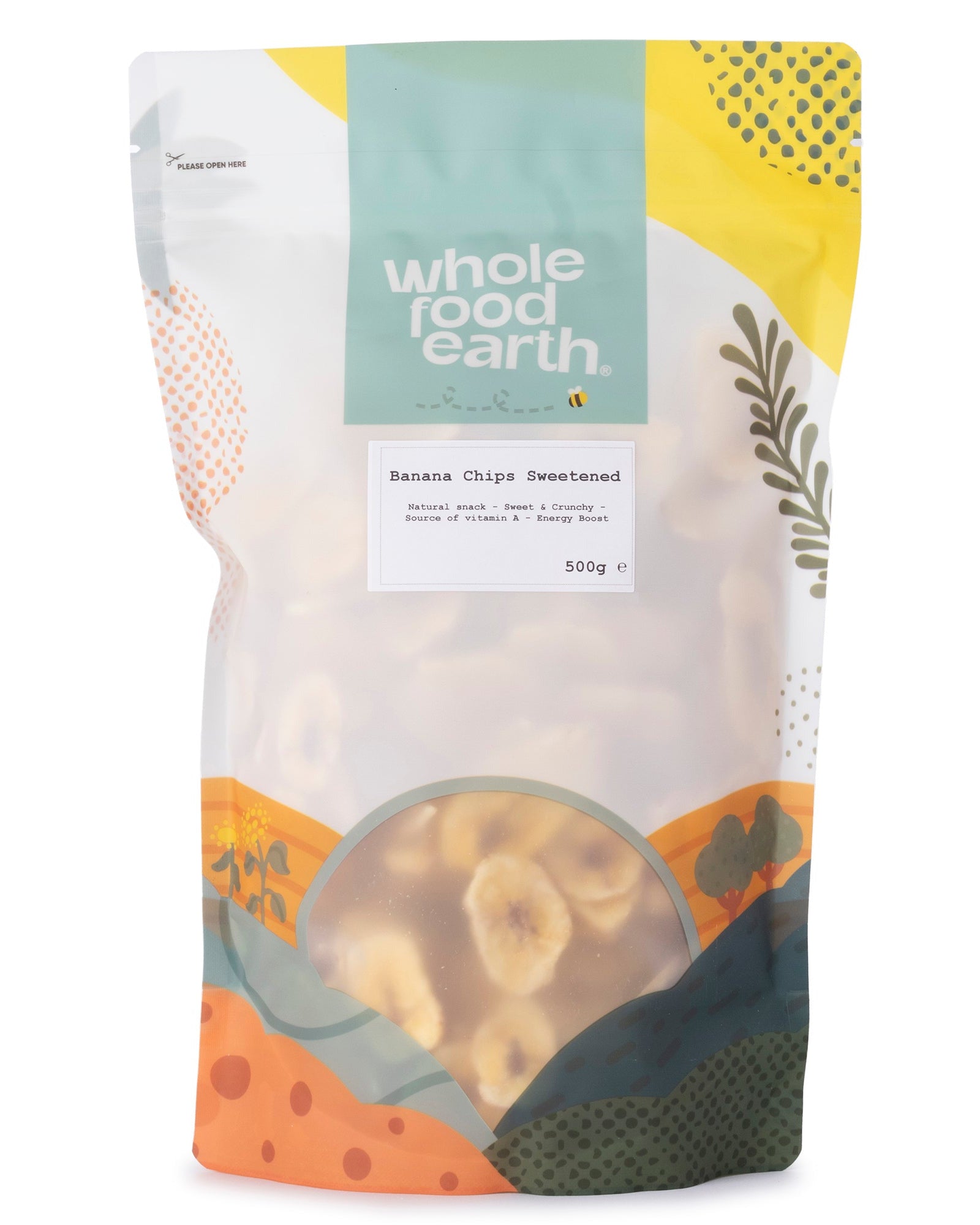 Sweetened banana chips by Whole Food Earth, crispy dried banana slices in a 500g pack, ideal for snacking or baking.