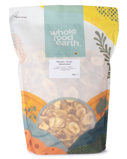 Sweetened banana chips from Whole Food Earth, dried fruit snack with golden banana slices in a 2kg bag