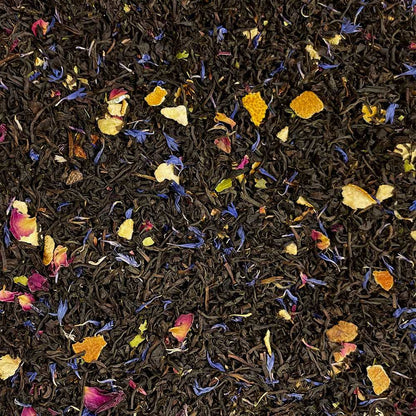 Loose leaf Baroness Grey Blend tea by High Teas, showcasing a close-up of the finely chopped grey tea leaves.