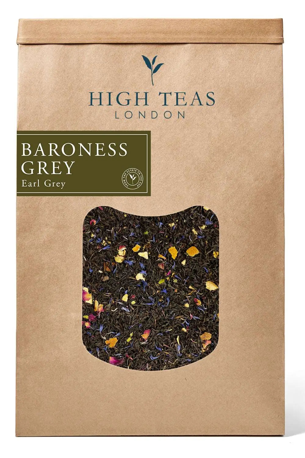 Loose leaf Baroness Grey Blend tea from High Teas, showing a close-up of the grey tea leaves in a clear container.