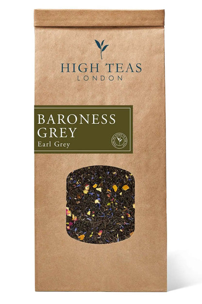 Loose leaf Baroness Grey Blend tea by High Teas, showing dark grey and silver tea leaves in a clear jar.