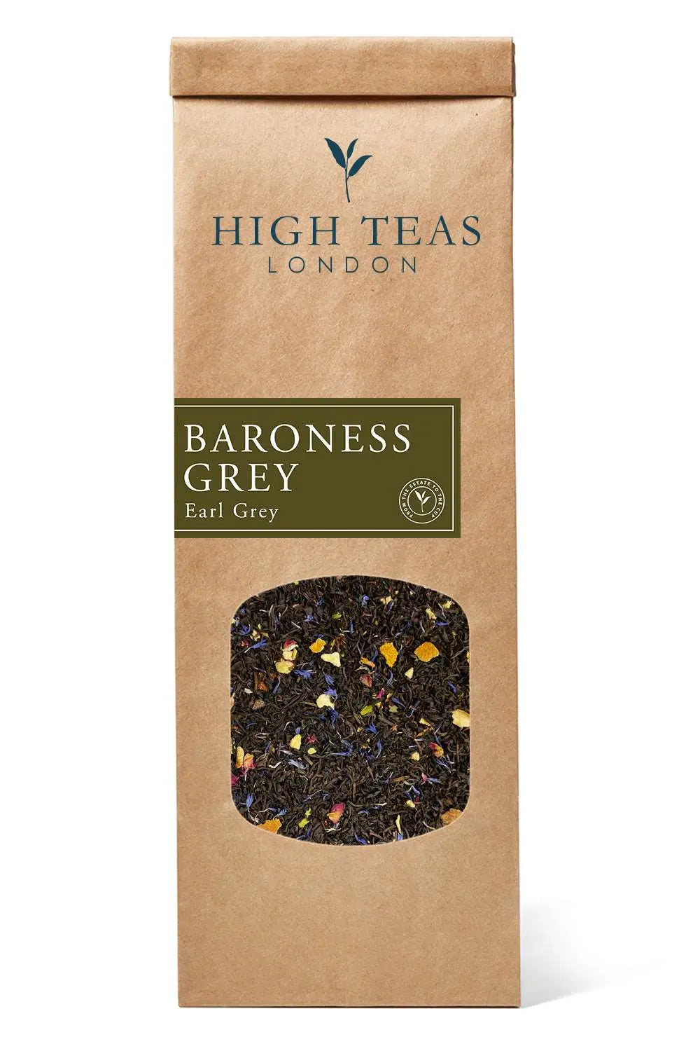 Loose leaf Baroness Grey Blend tea from High Teas, showcasing fragrant grey tea leaves in a close-up shot.