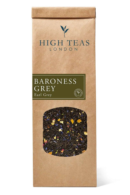 Loose leaf Baroness Grey Blend tea from High Teas, showcasing fragrant grey tea leaves in a close-up shot.