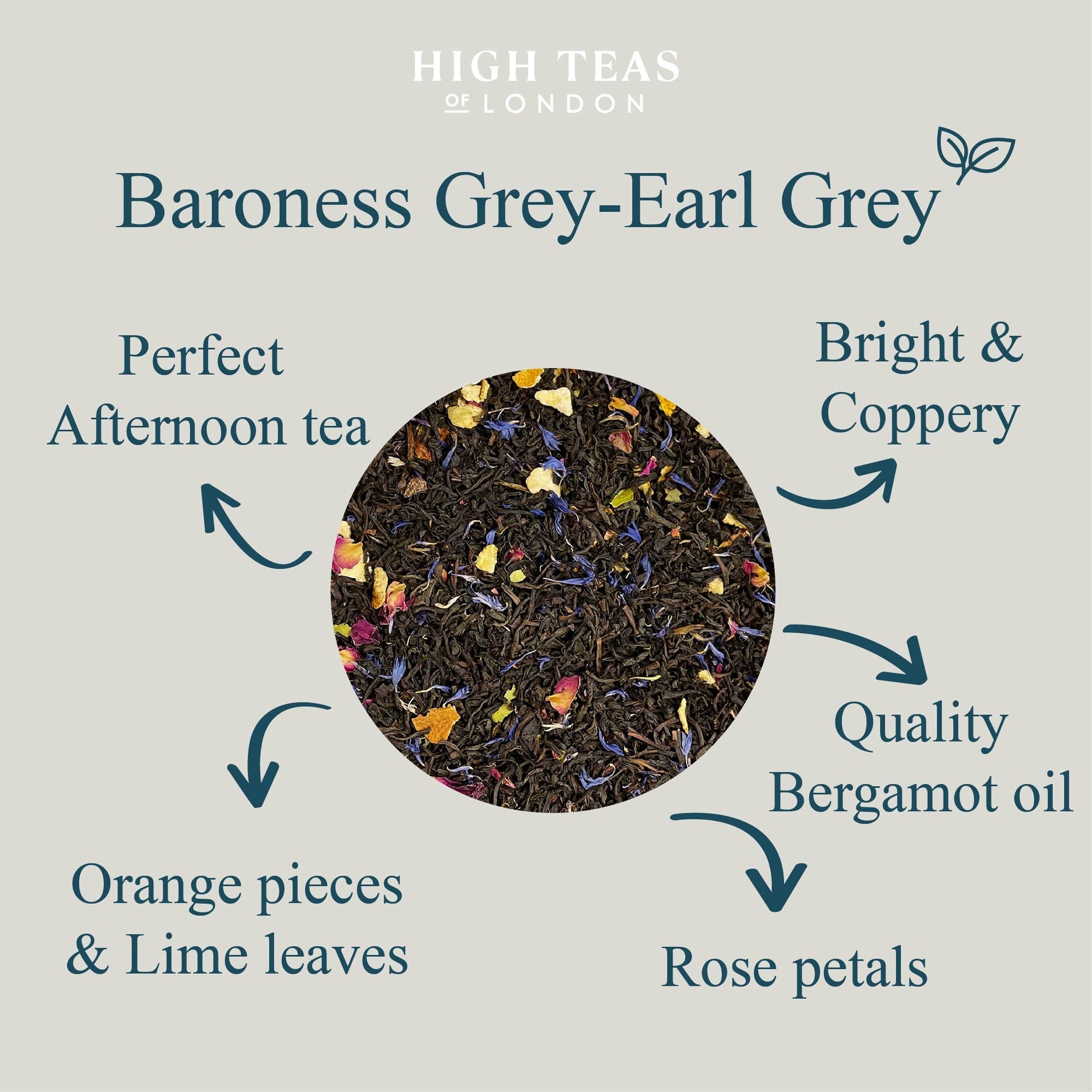 Loose leaf Baroness Grey Blend tea by High Teas, showing a close-up of the aromatic grey tea leaves in a clear container.