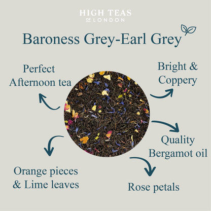 Loose leaf Baroness Grey Blend tea by High Teas, showing a close-up of the aromatic grey tea leaves in a clear container.