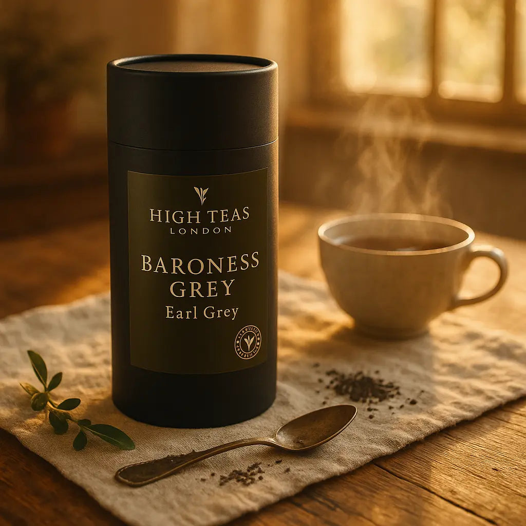 Loose leaf Baroness Grey Blend tea by High Teas in a clear glass jar with a tea infuser and fresh grey bergamot leaves.