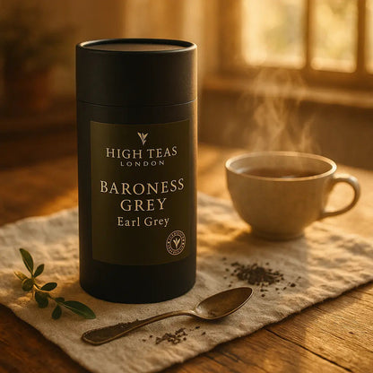 Loose leaf Baroness Grey Blend tea by High Teas in a clear glass jar with a tea infuser and fresh grey bergamot leaves.