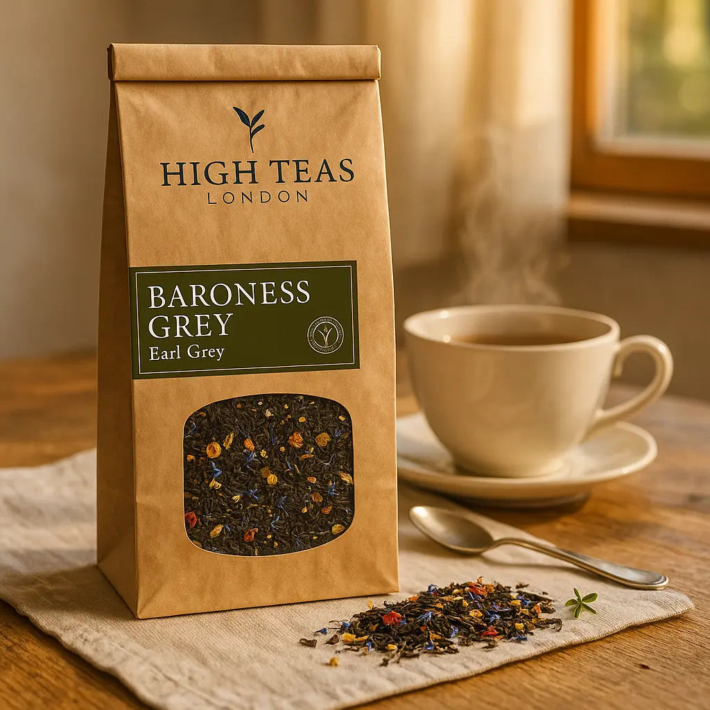 Loose leaf Baroness Grey Blend tea from High Teas, showcasing fresh grey tea leaves in a natural setting.