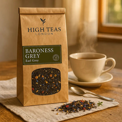Loose leaf Baroness Grey Blend tea from High Teas, showcasing fresh grey tea leaves in a natural setting.