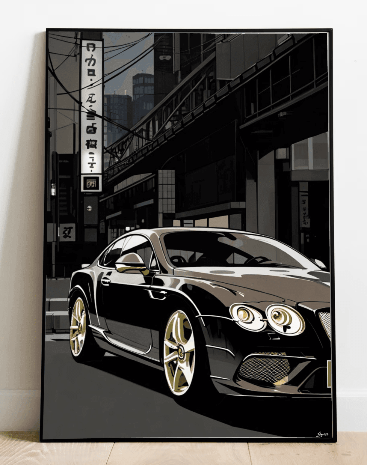 British luxury car print featuring a Bentley in Tokyo cityscape, by KEOLIX, showcasing a detailed urban automotive scene.