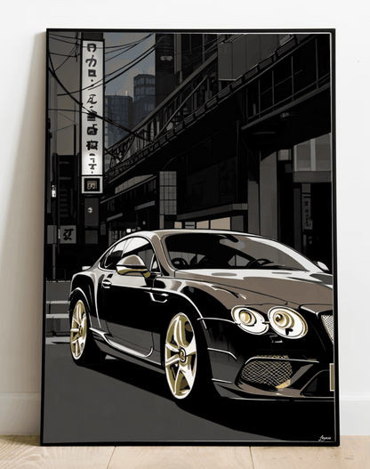 British luxury car print featuring a Bentley in Tokyo cityscape, by KEOLIX, showcasing a detailed urban automotive scene.