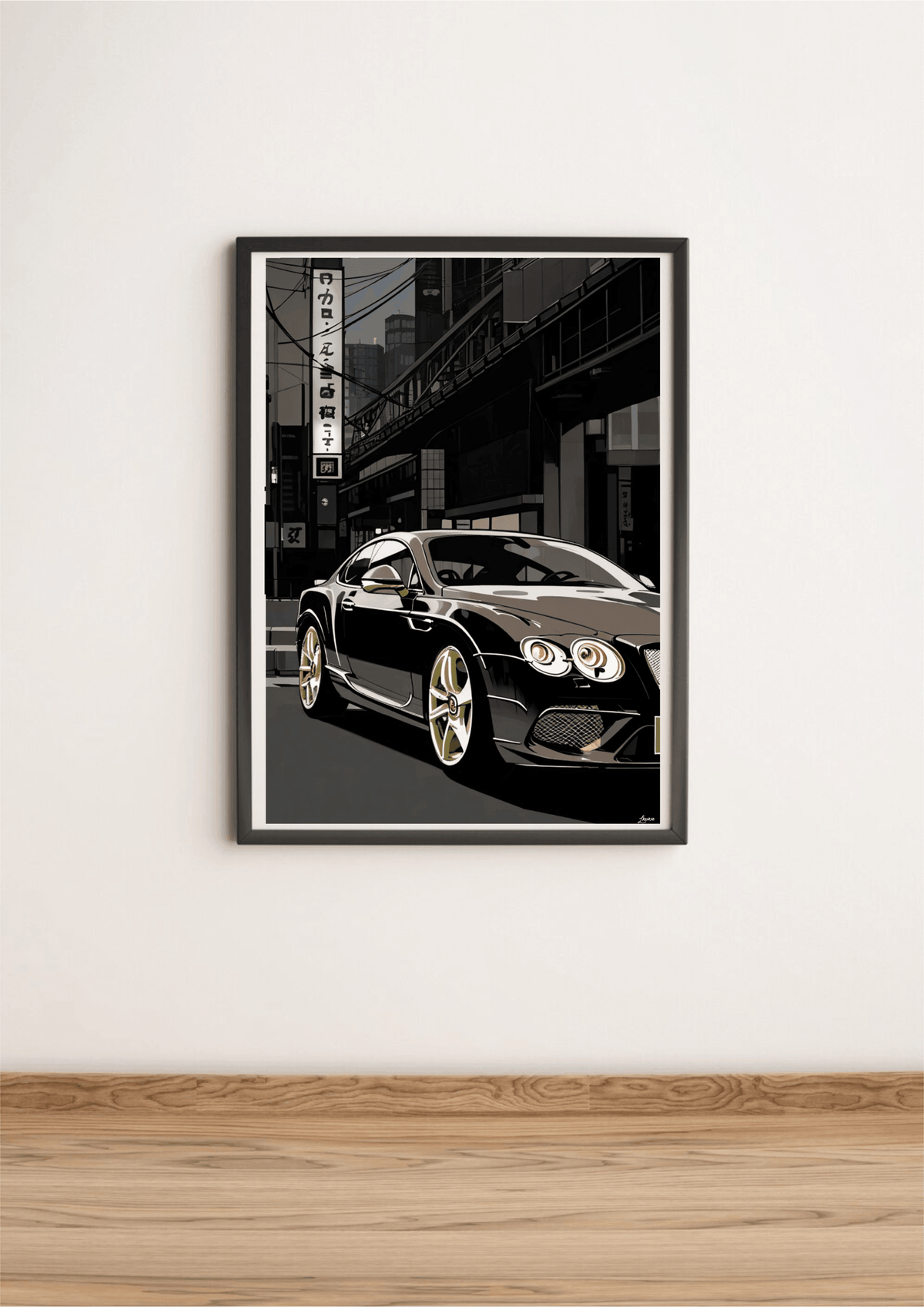 British luxury car print featuring a Bentley in Tokyo, showcasing detailed artwork by KEOLIX.