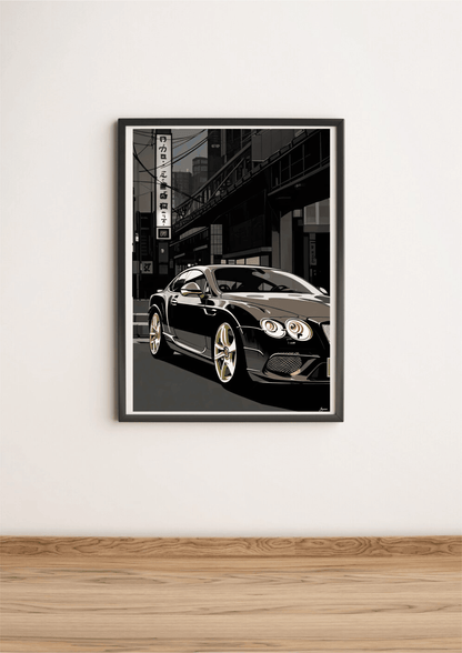 British luxury car print featuring a Bentley in Tokyo, showcasing detailed artwork by KEOLIX.