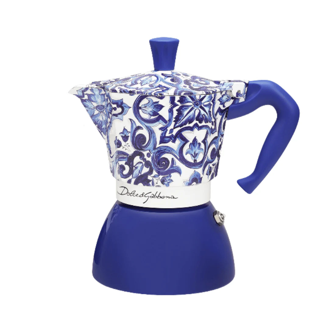 Bialetti Blue Mediterranean Moka coffee maker by Brew Italia, designed for induction, with a sleek blue finish and 6-cup capacity.