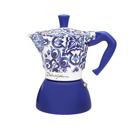 Bialetti Blue Mediterranean Moka coffee maker by Brew Italia, designed for induction, with a sleek blue finish and 6-cup capacity.