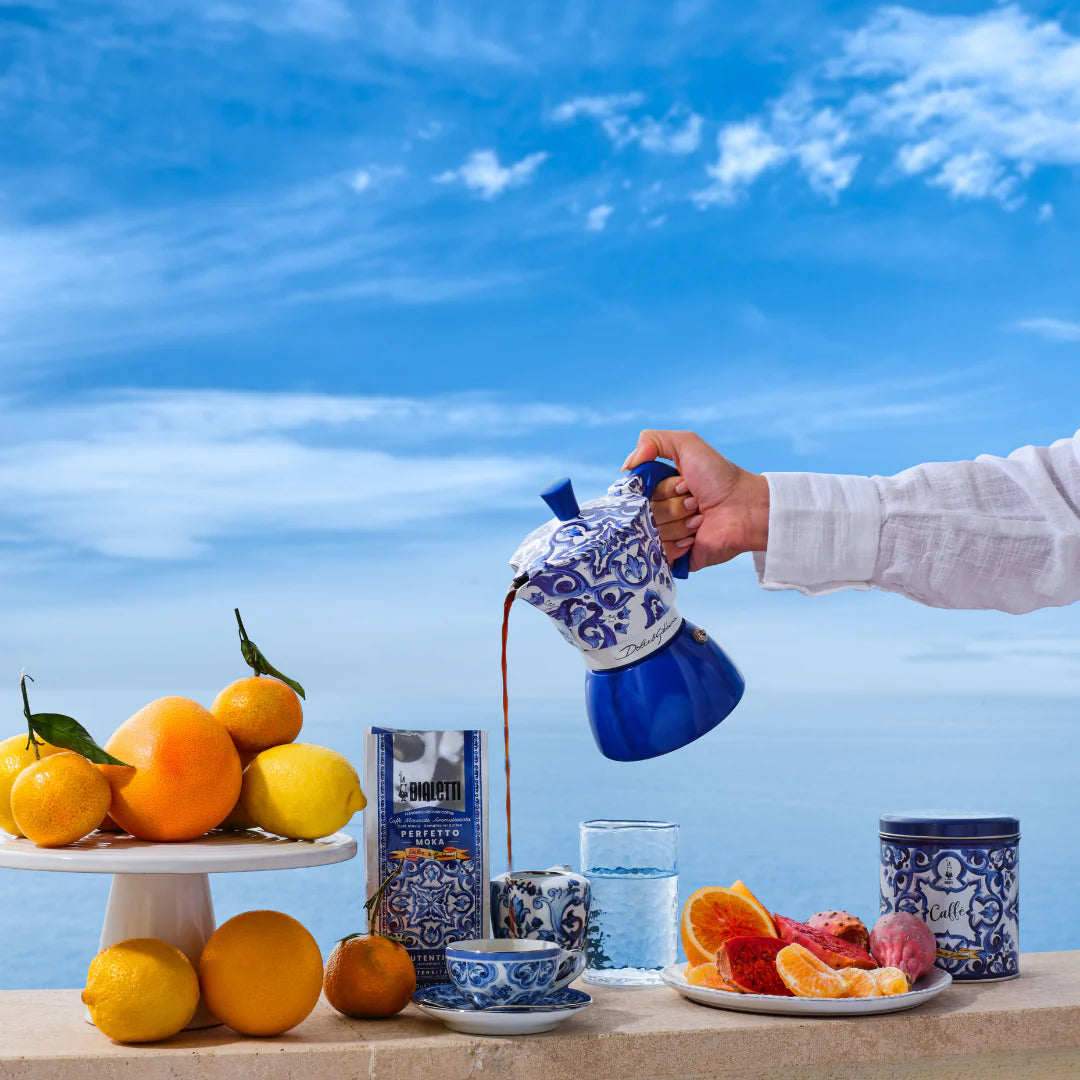 Bialetti Blue Mediterranean Moka Induction coffee maker from Brew Italia, with blue ceramic finish and stainless steel hardware.