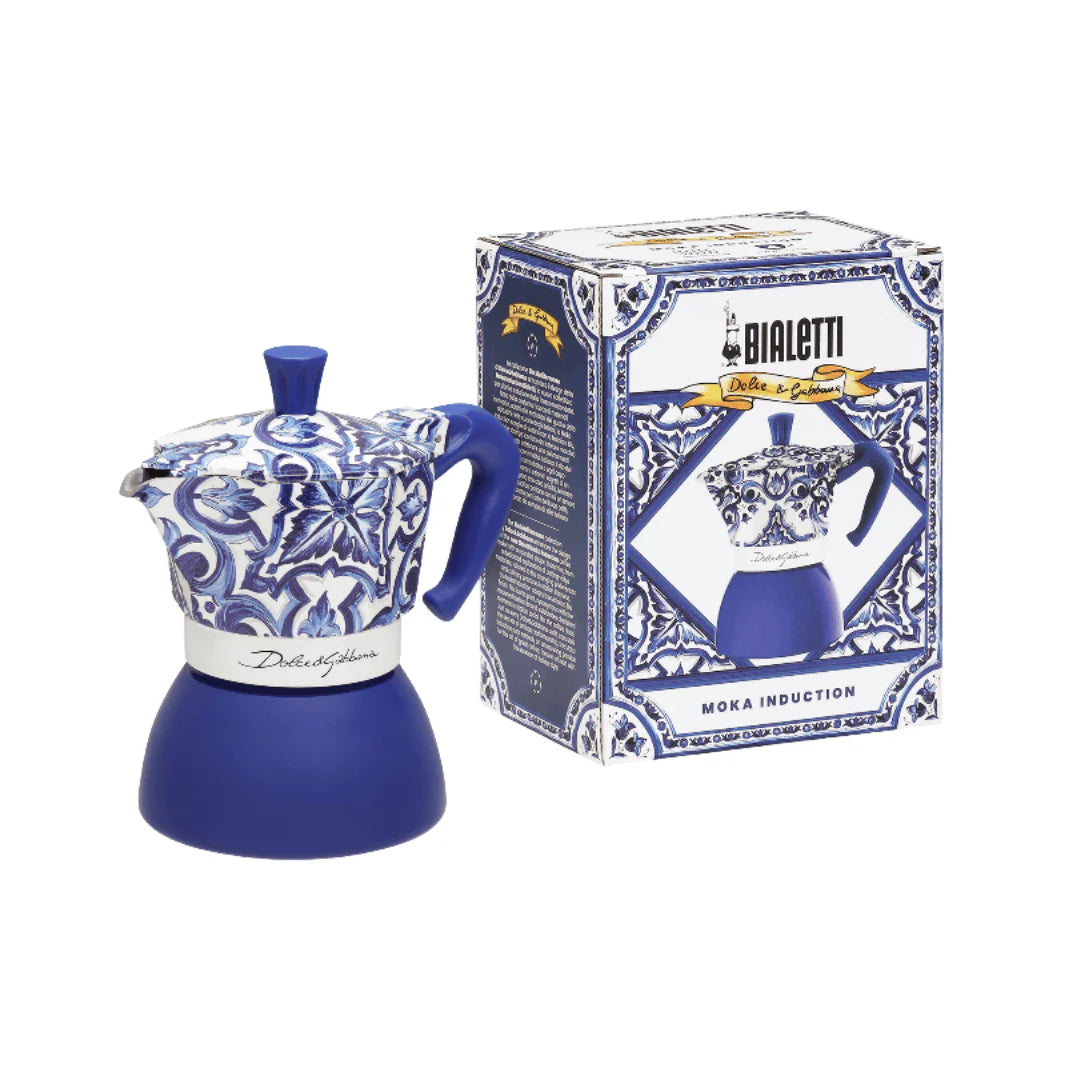 Bialetti Blue Mediterranean Moka Induction coffee maker by Brew Italia with packaging, featuring stylish blue design and stainless steel hardware.