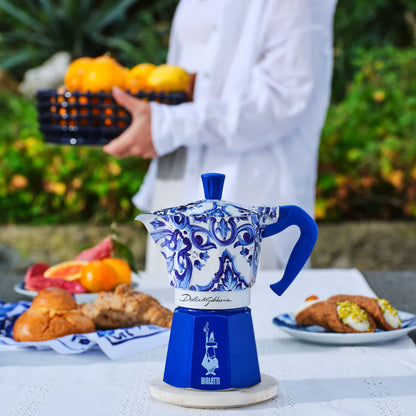 Bialetti X Dolce&Gabbana Blue Mediterranean Moka Express coffee gift set with 3-cup moka pot and stirrer, from Brew Italia.
