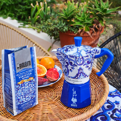 Bialetti X Dolce&Gabbana Blue Mediterranean gift set with 6-cup Moka espresso maker and stirrer from Brew Italia, featuring vibrant blue design.