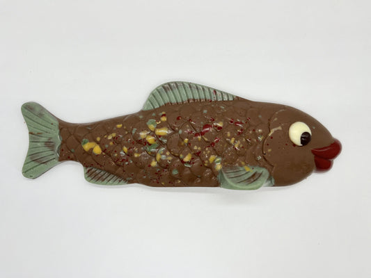 Large chocolate fish from Gorvett & Stone, detailed milk chocolate sculpture with textured fins and scales.