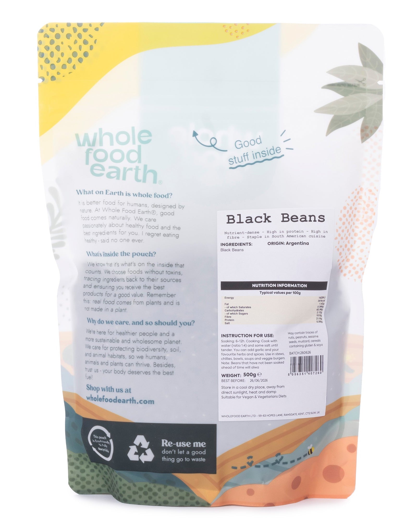 Whole Food Earth black beans in 500g package, close-up of shiny, cooked black beans in a bowl, healthy beans and pulses.
