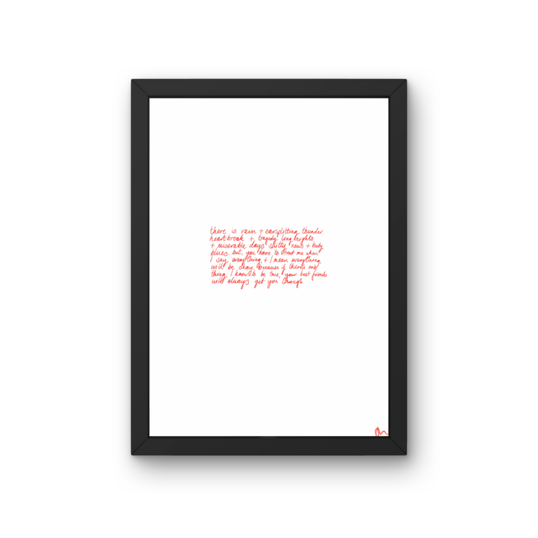 Black frame holding a minimalist red art print of the Best Friends poem, relatable wall decor by Peak Prints.