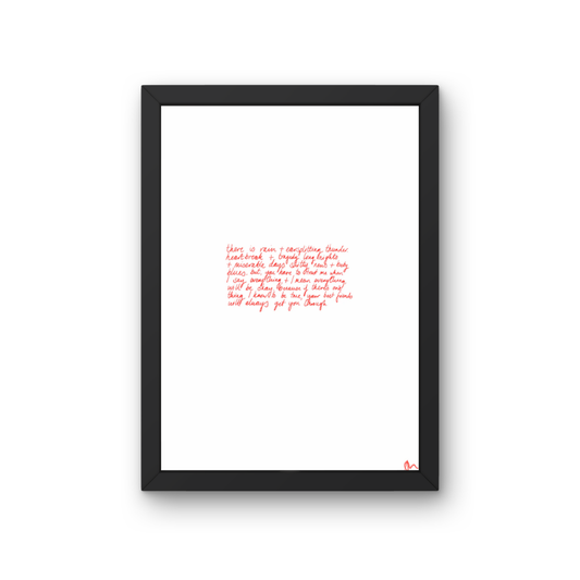 Black frame holding a minimalist red art print of the Best Friends poem, relatable wall decor by Peak Prints.
