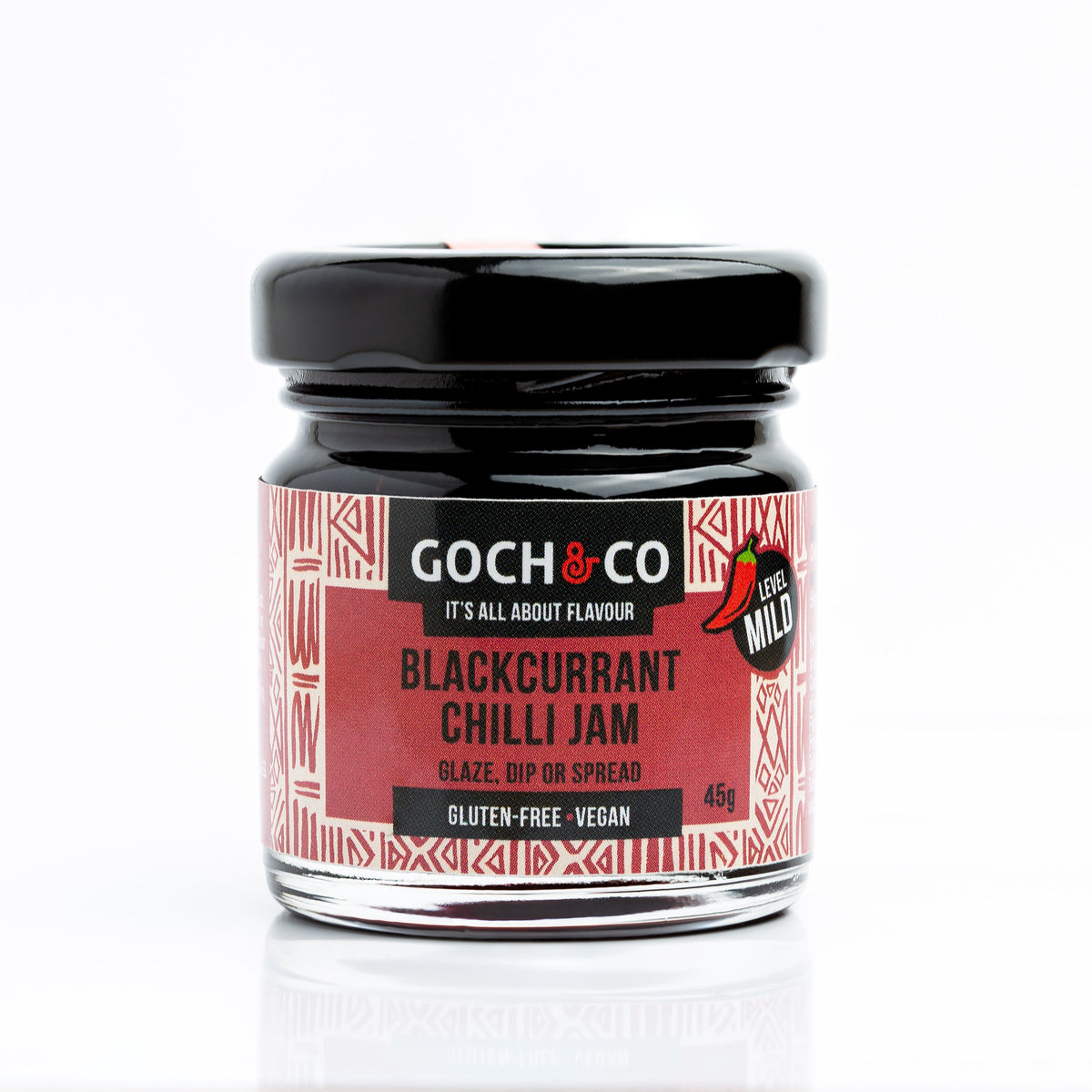 Blackcurrant chilli jam jar by Goch & Co showing vibrant blackcurrants and red chilli peppers on the label.