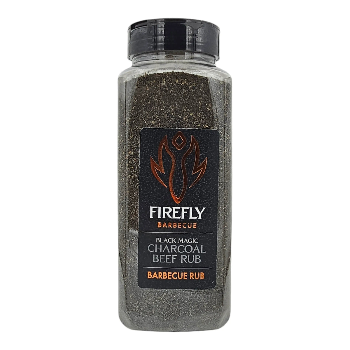 FireFly Barbecue Black Magic Charcoal Beef Rub, a rich and smoky BBQ rub with black magic-inspired seasoning in a jar.