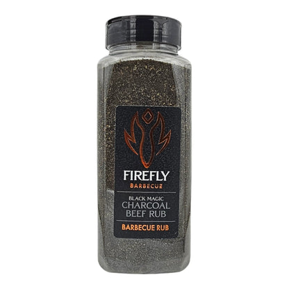 FireFly Barbecue Black Magic Charcoal Beef Rub, a rich and smoky BBQ rub with black magic-inspired seasoning in a jar.