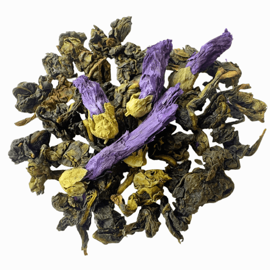 Blue Spring Oolong tea leaves from Porter Hill Tea Company, showcasing vibrant blue-green color and rolled leaf shape.