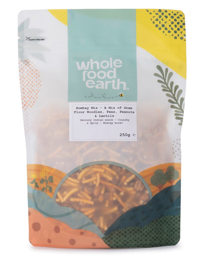 Whole Food Earth Bombay Mix featuring gram flour noodles, peas, peanuts, and lentils in a colorful specialty snack mix.