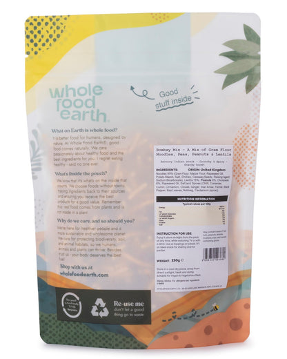Whole Food Earth Bombay Mix with gram flour noodles, peas, peanuts, and lentils in a 250g package.