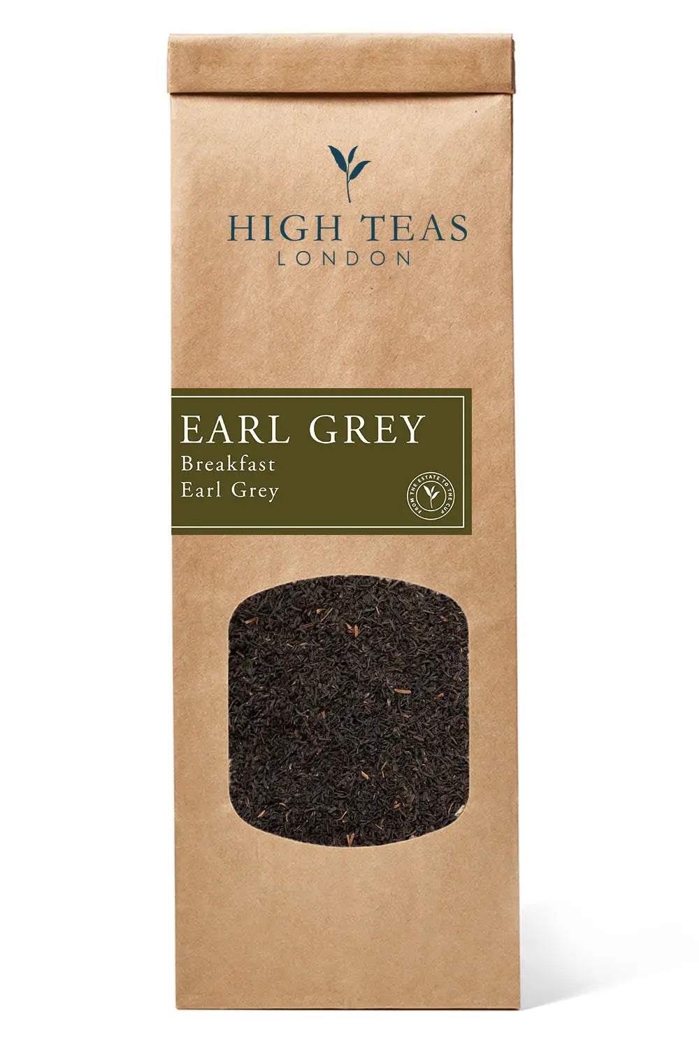 A tin of High Teas Breakfast Earl Grey tea with loose tea leaves and a steaming cup of brewed Earl Grey on a rustic wooden table.