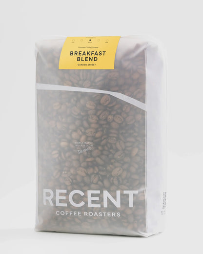 Recent Beans Garden Street Medium Roast Coffee in 1kg bag, showcasing the breakfast blend coffee beans.