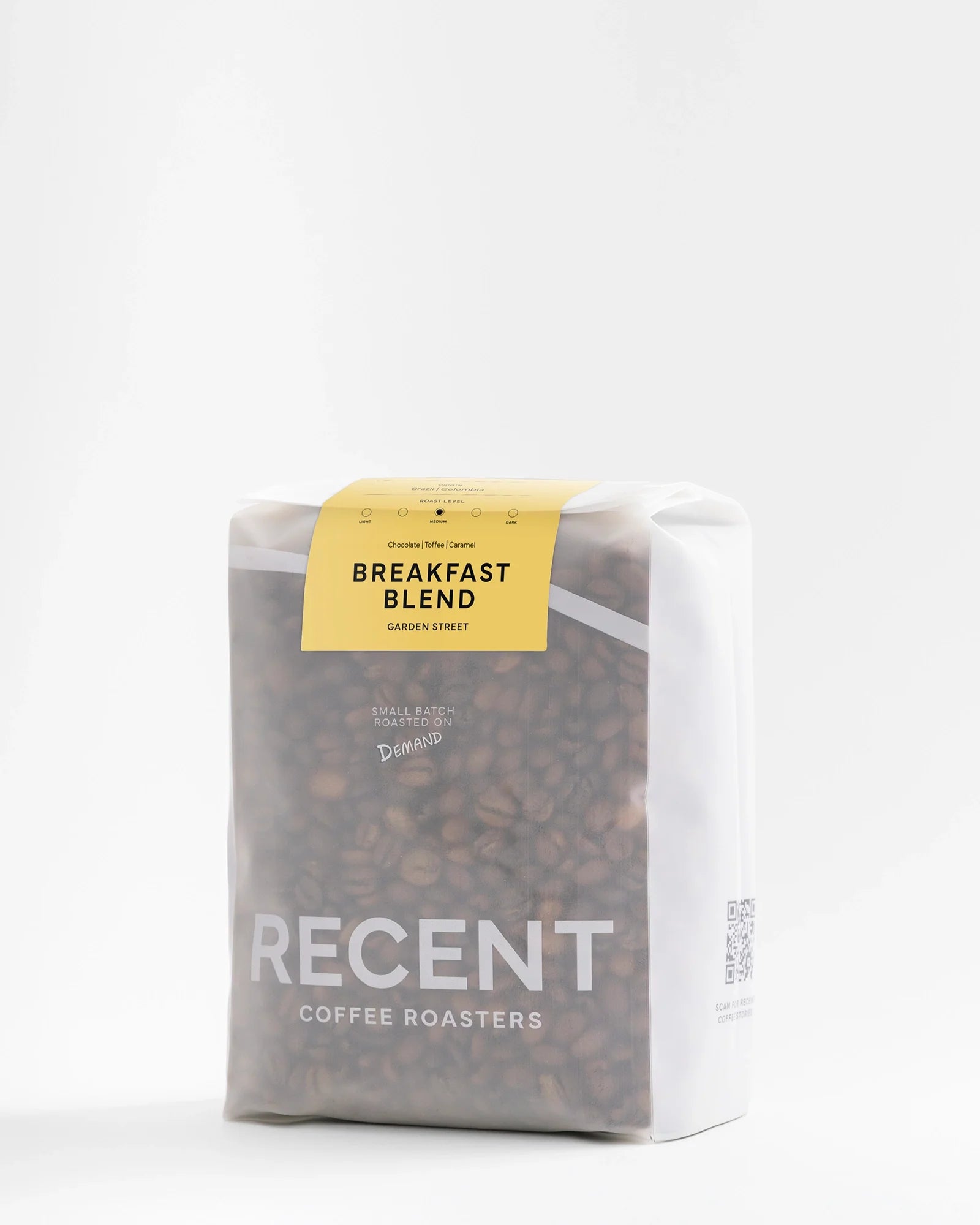 Recent Beans Garden Street Medium Roast Coffee in 500g package, showcasing the breakfast blend with rich, aromatic roasted coffee beans.