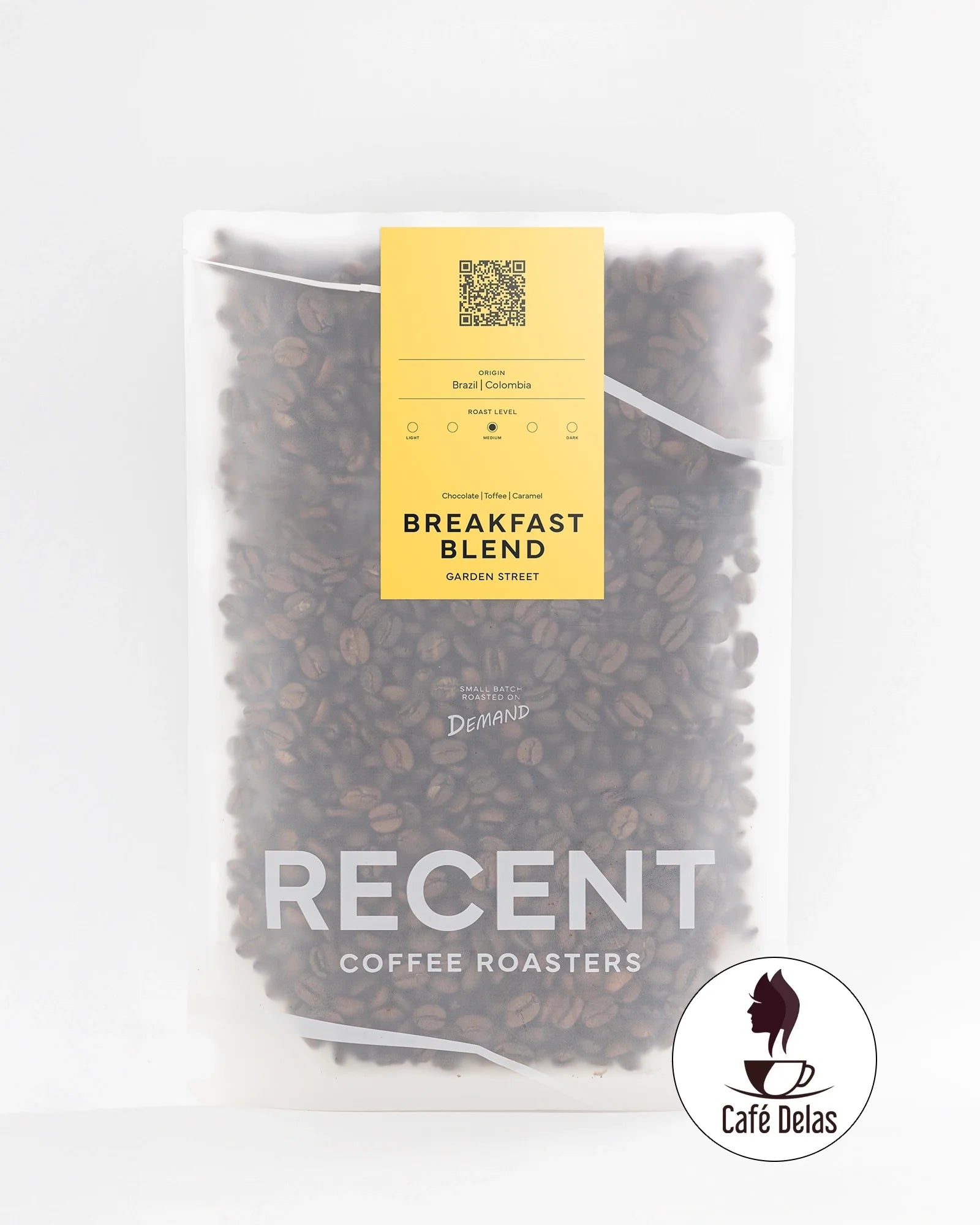 Recent Beans Garden Street Medium Roast Coffee in a bag, showcasing the breakfast blend label and coffee beans.
