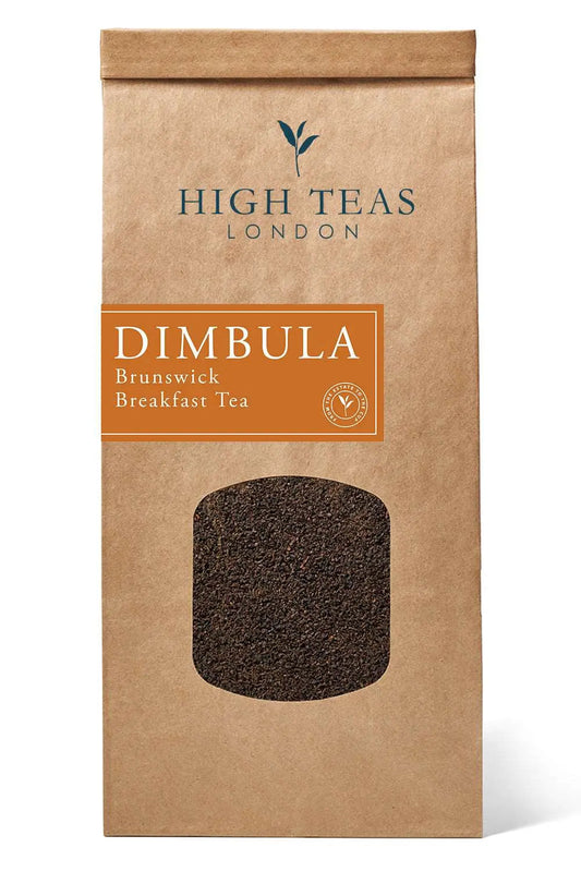 Loose leaf Dimbula BOP Brunswick Breakfast Tea by High Teas in a clear glass jar with tea leaves visible inside.
