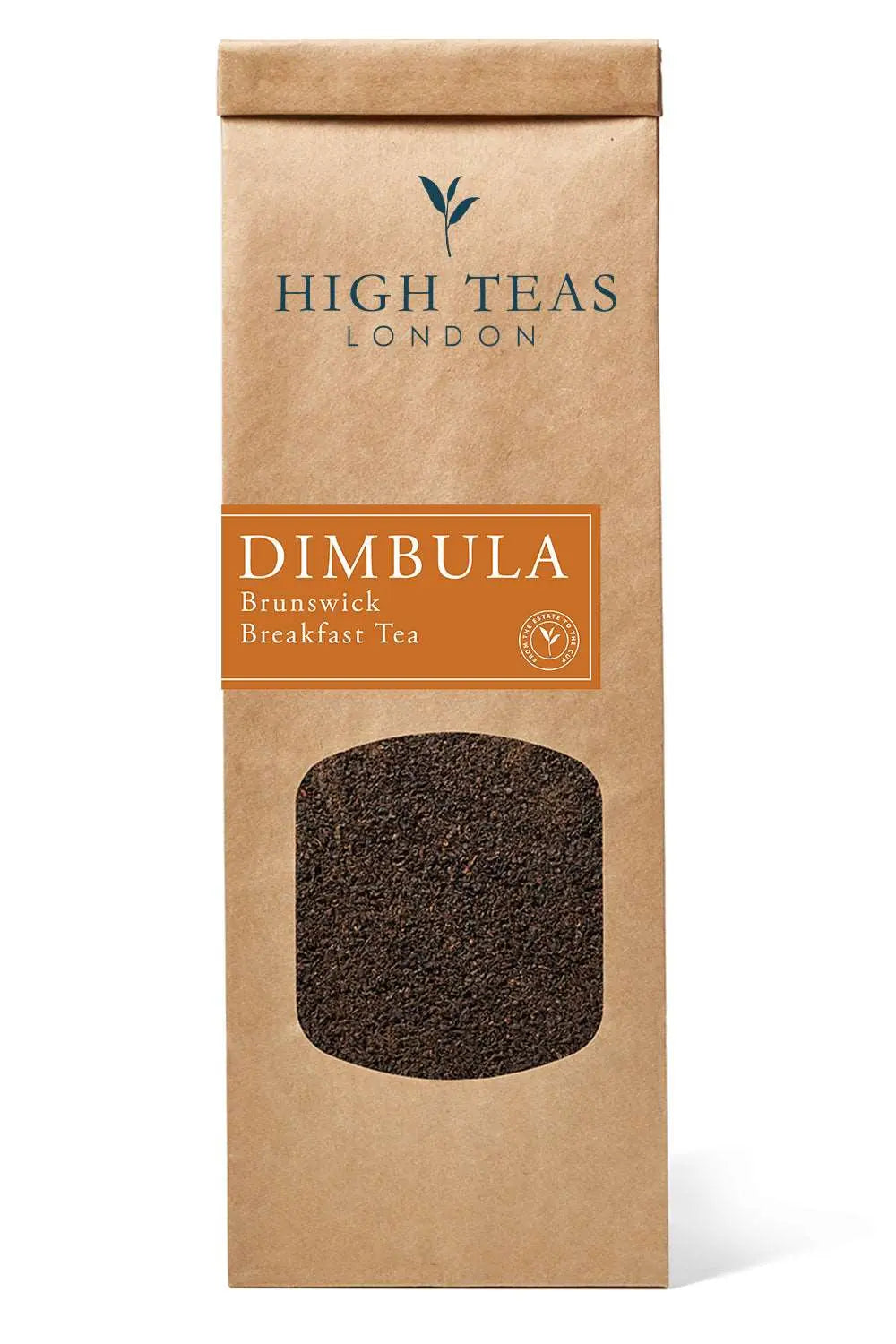 Loose leaf Dimbula BOP Brunswick Breakfast Tea by High Teas, showing golden-brown tea leaves in a clear jar.