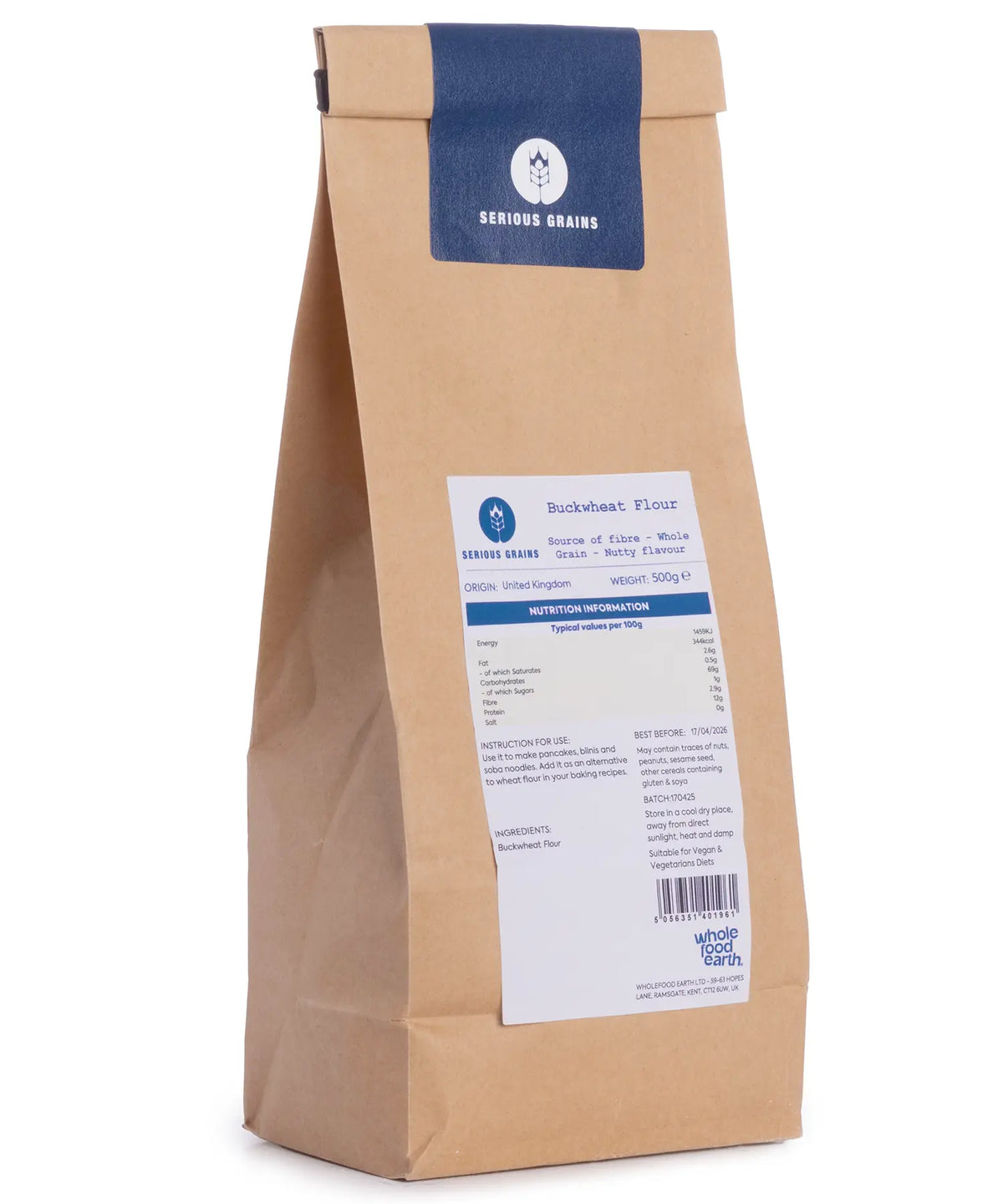 Whole Food Earth buckwheat flour in a 500g bag, gluten-free flour for baking and cooking, natural and versatile grain product.