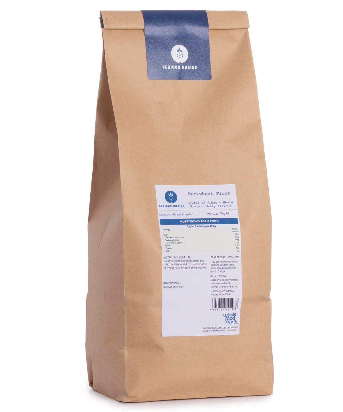Whole Food Earth buckwheat flour in a 1kg bag, natural gluten-free flour for baking and cooking.
