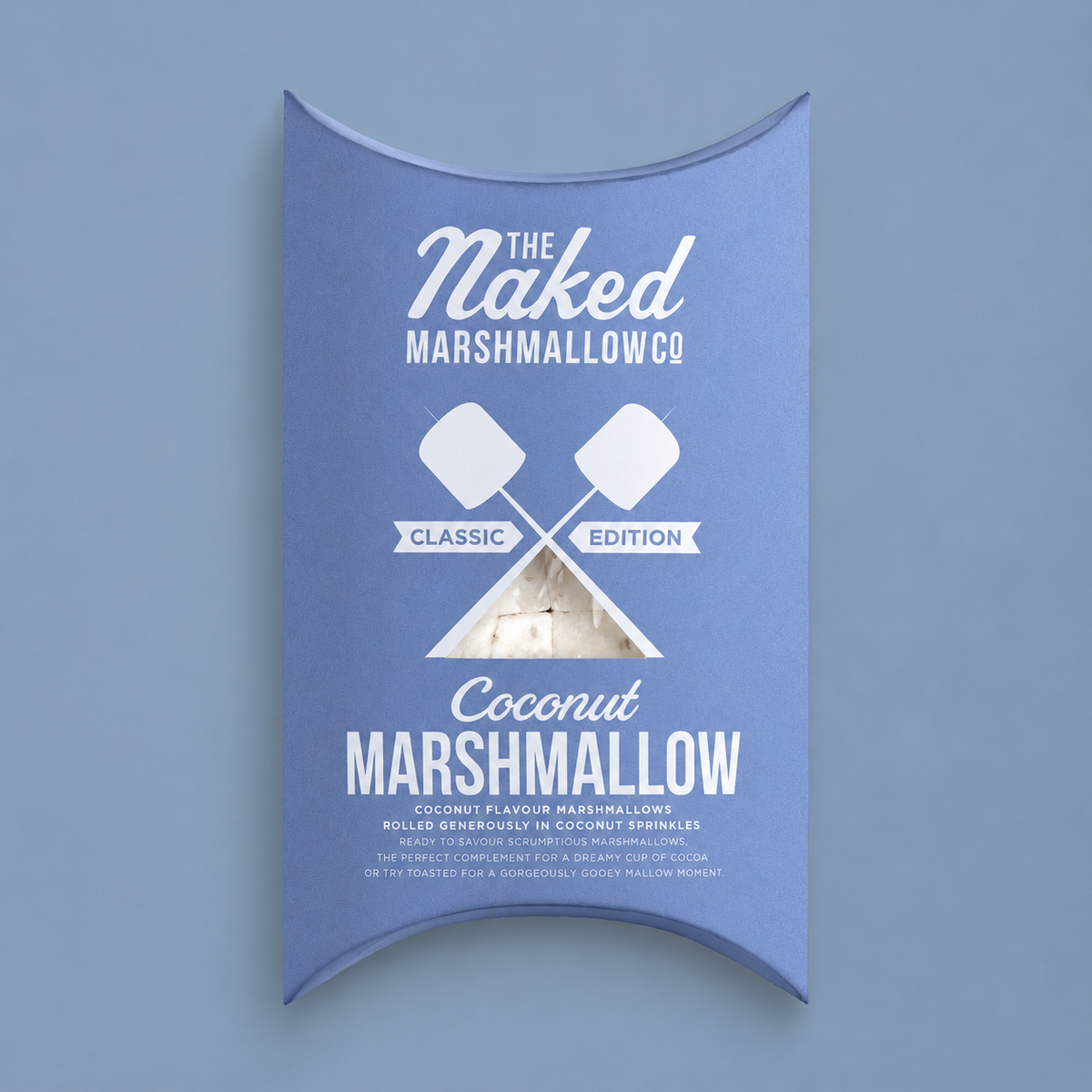Coconut Gourmet Marshmallow by THE MARSHMALLOW FACTORY, soft and fluffy marshmallow with coconut flavor and coating.