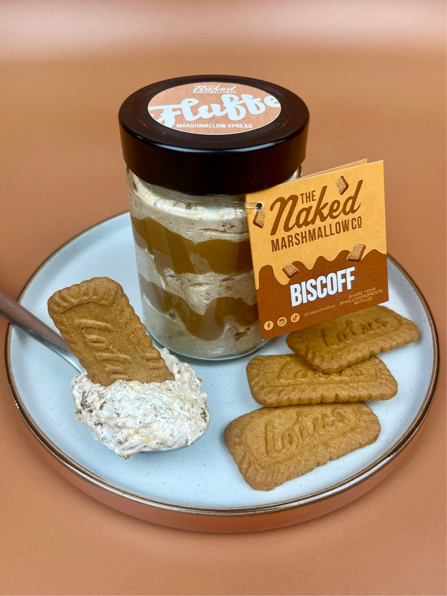Biscoff® Gourmet Marshmallow Fluffe by THE MARSHMALLOW FACTORY, soft marshmallow treat with Biscoff flavor and creamy texture.