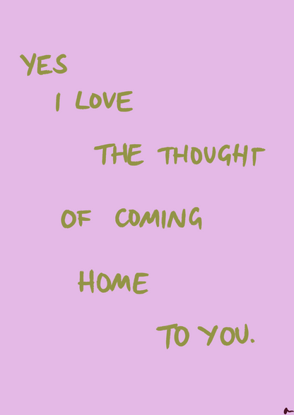 Romantic music art print titled "Coming Home To You" with lilac and green floral design, by Peak Prints, on a white background.